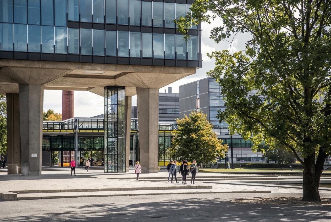 Modern campusgebouw op zuilen met een plein en bomen in Eindhoven